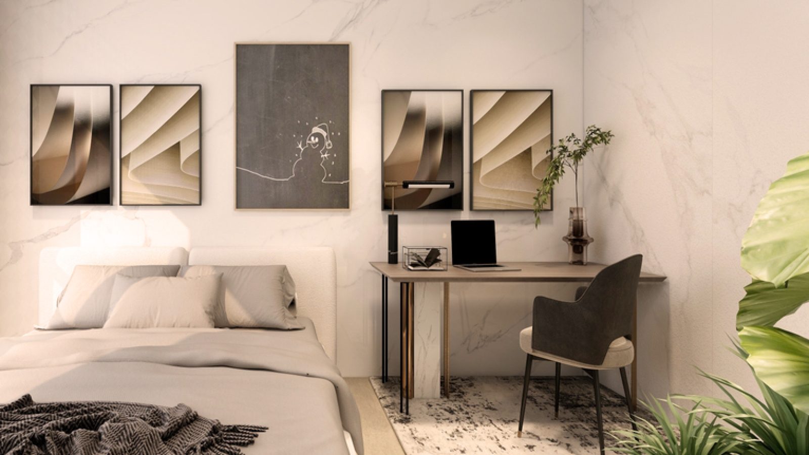 Minimalist bedroom designs with a functional working desk, clean lines, neutral tones, and space-saving furniture. Perfect for creating a serene, productive environment with modern, stylish touches.